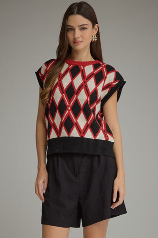 Bailey Grace Harlequin Red 7 Black Sweater – red, black and cream harlequin knit sweater vest