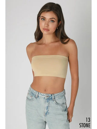 Stone Bandeau Top – white strapless tube crop top, seamless stretch