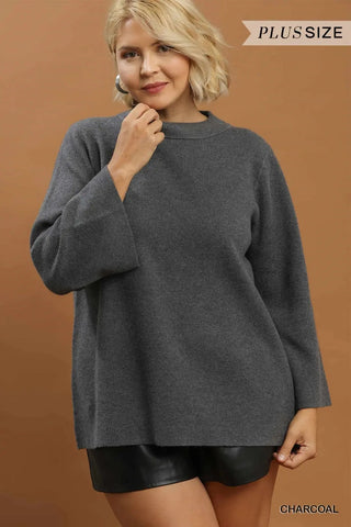 Mock Neck Knit Sweater Top - Charcoal - The Pointe Boutique