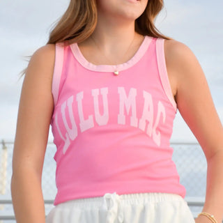 Lulu Bubblegum/Lt. Pink Tank – pink ribbed tank with light pink "Lulu Mac" lettering and contrast trim