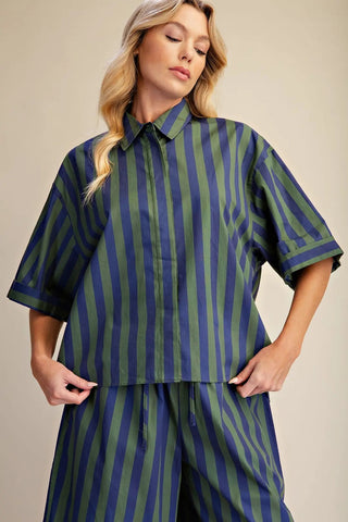 The Annie Dawn Button Down Stripe Top – navy and green stripe button-up shirt, collar, short sleeves, boxy fit