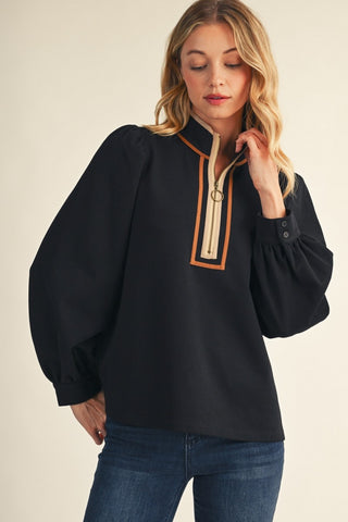 Abigail Jane Black Tan Stripe Zipper Top