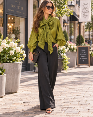 The April Paige Tie Neck Stripe Satin Top – olive green satin blouse with tie neck bow, long sleeves