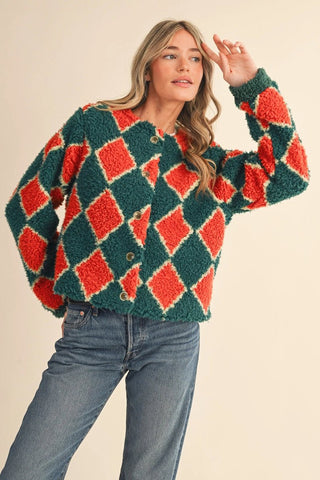 Faux Shearling Argyle Jacket, Electric Huntergreen - The Pointe Boutique