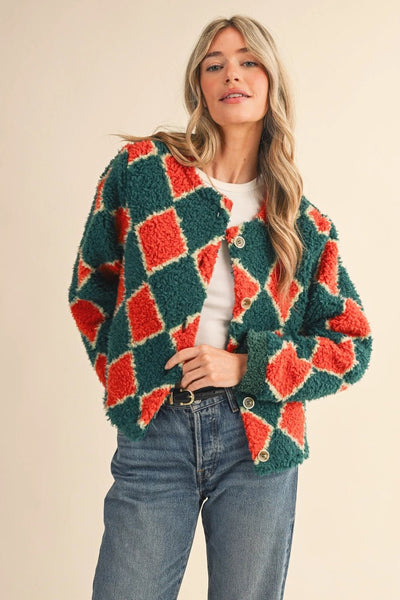 Faux Shearling Argyle Jacket, Electric Huntergreen - The Pointe Boutique