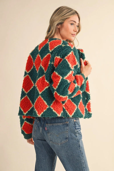 Faux Shearling Argyle Jacket, Electric Huntergreen - The Pointe Boutique