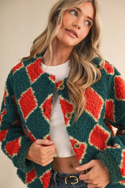 Faux Shearling Argyle Jacket, Electric Huntergreen - The Pointe Boutique