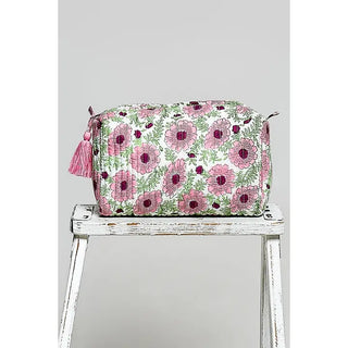 The Faye Mist Floral Cosmetic Bag – pink floral quilted cosmetic bag with tassel