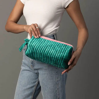 Green and Pink Velvet Ribbed Travel Pouch – green ribbed velvet travel pouch with pink trim