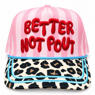 Better Not Pout Hat – pink striped trucker hat with "Better Not Pout" in red puff lettering and a leopard brim