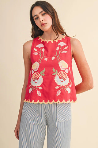 Red Embroidered and scallop top – red sleeveless top with cream floral embroidery, scalloped hem and neckline