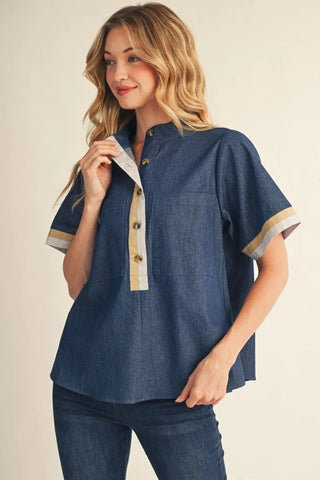 The Cheyenne Denim Top – dark denim henley top, button placket, short sleeves with striped cuff trim