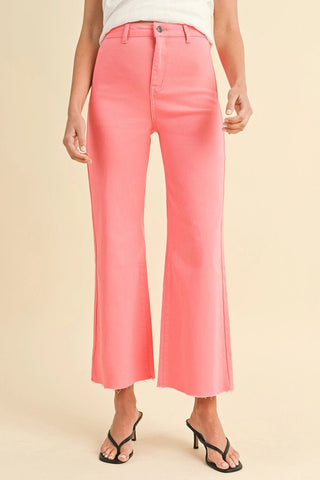 Flamingo Pink Stretch High Rise Wide Leg Cropped Denim Jeans - The Pointe Boutique