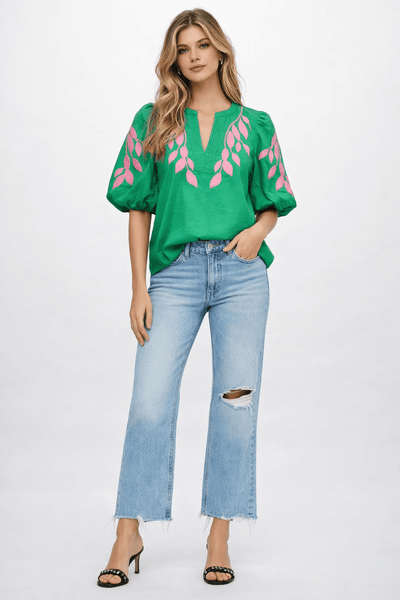 Floral Embroidered Bubble Sleeve V - Neck Green Top - The Pointe Boutique