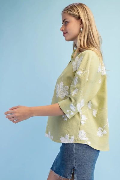 Floral Embroidered Button Down Top with Covered Placket Avacado - The Pointe Boutique