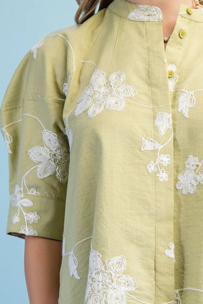 Floral Embroidered Button Down Top with Covered Placket Avacado - The Pointe Boutique