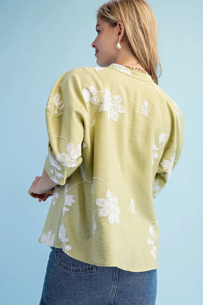 Floral Embroidered Button Down Top with Covered Placket Avacado - The Pointe Boutique