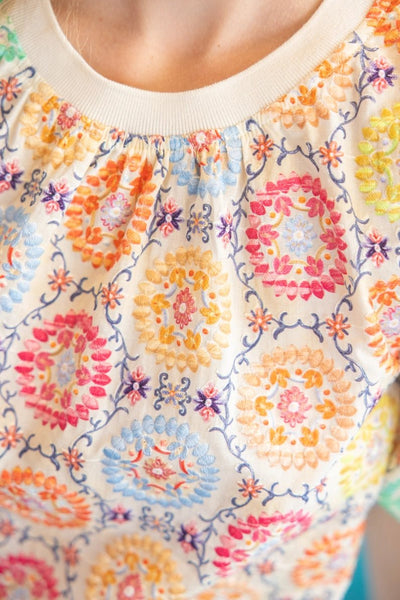 Floral Embroidered Print Bubble Sleeve Top | Multi - The Pointe Boutique
