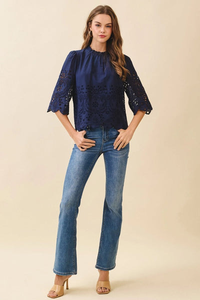 Floral Eyelet Embroidery, Solid Navy Top - The Pointe Boutique