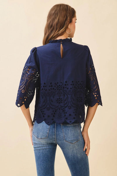 Floral Eyelet Embroidery, Solid Navy Top - The Pointe Boutique