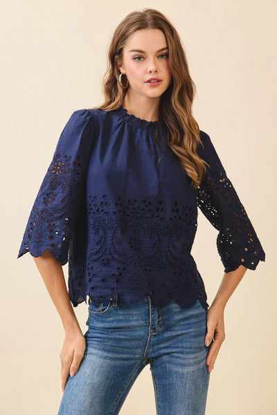 Floral Eyelet Embroidery, Solid Navy Top - The Pointe Boutique