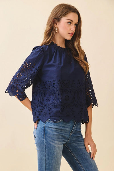 Floral Eyelet Embroidery, Solid Navy Top - The Pointe Boutique