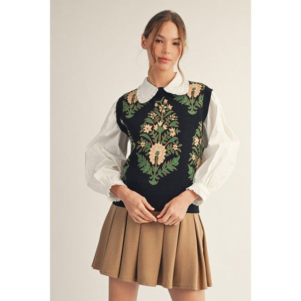 Floral Lovely Sweater Vest | BLACK - The Pointe Boutique