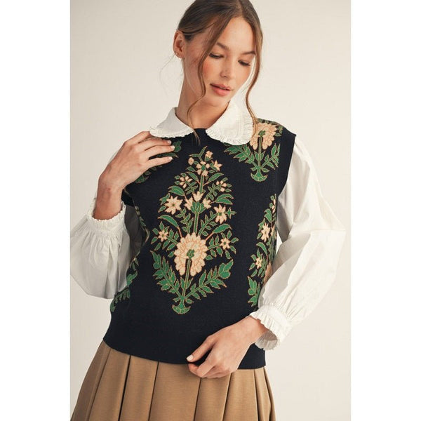 Floral Lovely Sweater Vest | BLACK - The Pointe Boutique