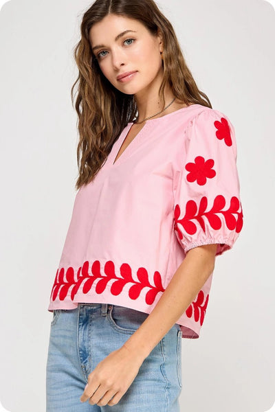 Flower Embroidery Cotton Top - The Pointe Boutique