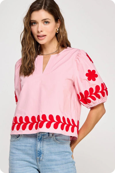 Flower Embroidery Cotton Top - The Pointe Boutique