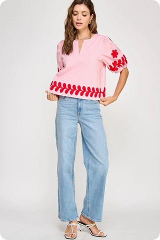 Flower Embroidery Cotton Top - The Pointe Boutique