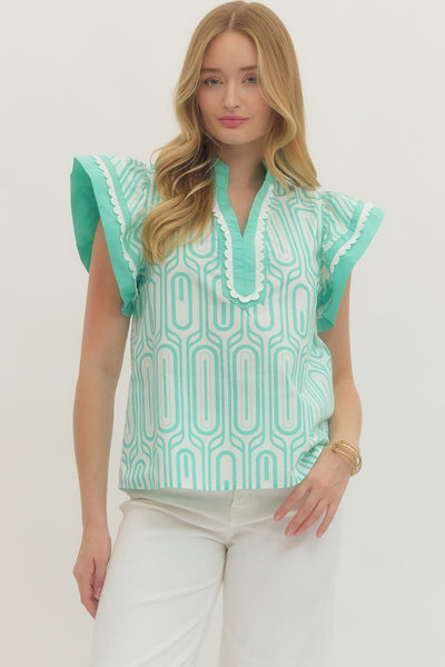 Flutter Sleeve/Scallop Accent Mint Top - The Pointe Boutique