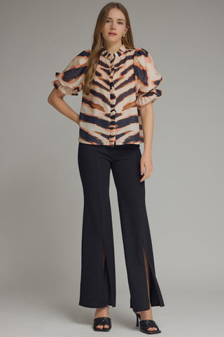 Addison Marie Top – tan and navy tiger-stripe print blouse with short puff sleeves and a split neck