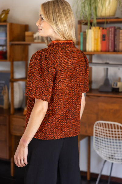 Fringe Textured Half Zip Tweed Top, Rust - The Pointe Boutique