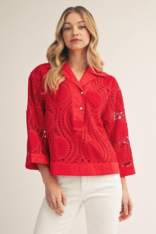 Front Button Up 3d Lace Top Tomato Red - The Pointe Boutique