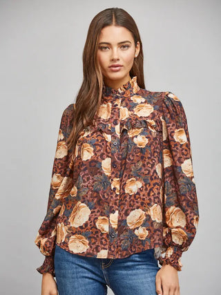 brown floral ruffled blouse