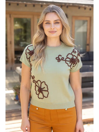 Ally Sue Floral Embroidered Solid Knit Top – mint green short sleeve knit top with brown embroidered floral outlines
