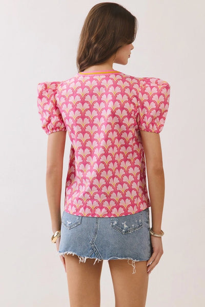 Geometric Print Split Neckline Puff Sleeve Top - Pink - The Pointe Boutique