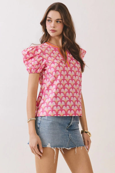 Geometric Print Split Neckline Puff Sleeve Top - Pink - The Pointe Boutique