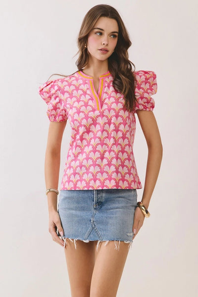 Geometric Print Split Neckline Puff Sleeve Top - Pink - The Pointe Boutique