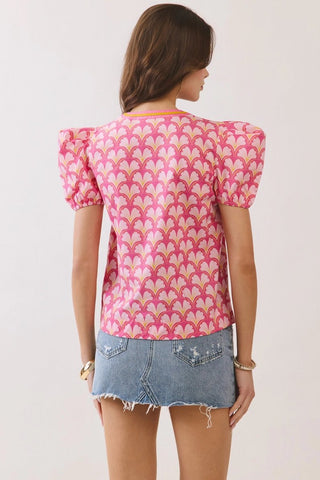 Geometric Print Split Neckline Puff Sleeve Top - Pink - The Pointe Boutique