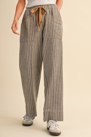 Rowan Soft Charcoal Stripe Pants – charcoal and cream stripe wide leg pants with a drawstring waist
