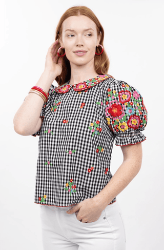 Gingham Garden Top Black - The Pointe Boutique
