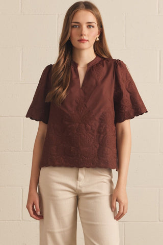 Amanda Pearl Brown Embroidery Top – brown eyelet embroidered split-neck top with flutter short sleeves and scalloped edges