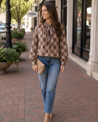 Becca Lee Brown Plaid Top – brown plaid tie-neck blouse with long sleeves
