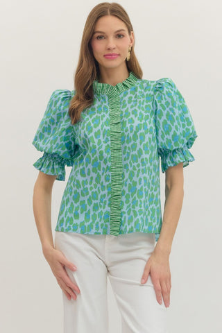 Green Leopard Print Puff Sleeve Top - The Pointe Boutique