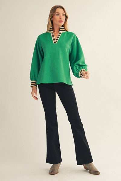 Green Long Sleeve Top with Tan Vneck - The Pointe Boutique