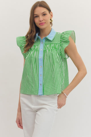 Green Stripe Ruffle Sleeve Top - The Pointe Boutique