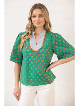 Green Wavy Trim Striped Yoke Print Top - The Pointe Boutique