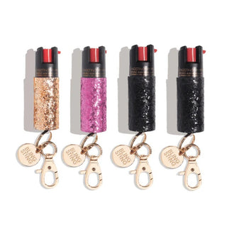 glitter pepper spray keychains in assorted colors